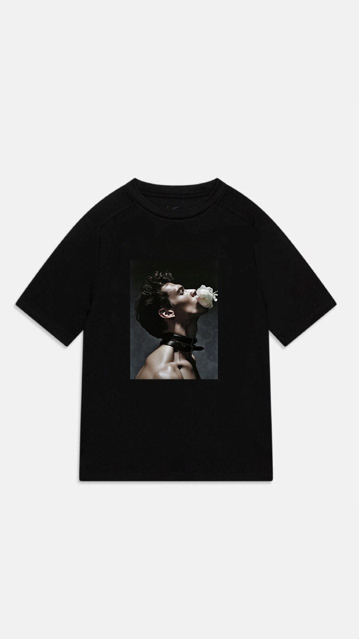 Oversized Black Unisex T-shirt with a Unique Print Floral Trance